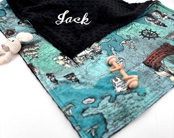 Personalized pirate minky blanket for baby boy gift pirate of the Caribbean blanket with name globe earth baby science blanket anchor