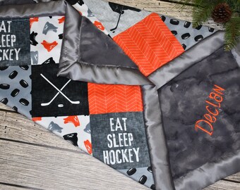 Personalized Ice Hockey baby boy minky blanket shower gift, Orange, Gray and Black baby- Personalized baby gift