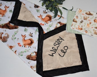 Personalized baby gifts, Woodland Minky Blanket, Fawn Baby Boy blanket, deer baby gift, woodland animals baby, knit swaddle, burp cloth,