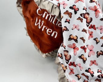 Pink Butterfly Blanket with Name Baby Gift for Newborn Girl Bedding Satin Trim Minky Fabric Design Custom Baby Shower Girl Present Monarch