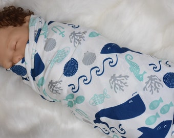 Knit Swaddle Blanket-baby boy Nautical swaddle blanket-Shark baby boy gift