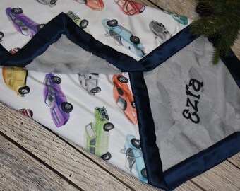 Personalized Car baby boy Gifts- Race Car Baby boy minky Blanket, Vintage car Baby boy Shower Gift, adult minky blanket, Design baby blanket