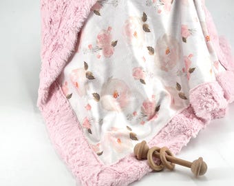 Pink Baby Blanket Personalized Gift Boho Nursery Bedding Set Floral Minky Soft Throw Custom Design Watercolor Gold Accent Newborn Present