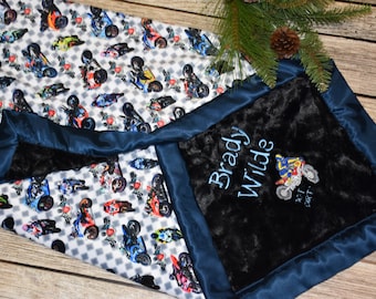 Personalized Motocross baby boy minky blanket- dirt bike, motorcycle baby boy shower gift, navy, black and red baby boy motocross gift