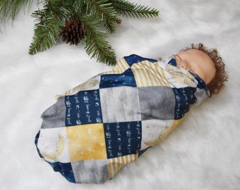 Knit Swaddle Blanket- Gender Neutral Baby boy moon and stars swaddle blanket- Navy and Gold love you to the moon baby shower gift