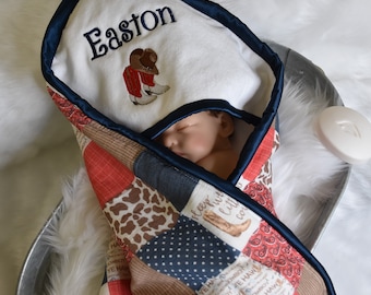 Personalized Western Cowboy Hooded Baby Boy Towel, Blue and Red Horse Personalized Baby Gift