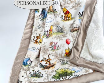 Personalized Pooh Blanket Custom Baby Shower Present Gender Neutral Nursery Bedding Soft Newborn Minky Fabric Satin Trim Classic Disney Bear