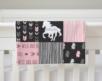 Personalized Pink Western Baby girl Lovey-  Pink, Gray and Black Horse Baby girl gift, Western Cowgirl Wild and Free Girl Security Blanket