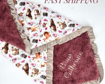 Personalized Baby Blanket Woodland Baby Shower Gift Custom Name Baby Gift Ruffle Trim Baby Girl Soft Minky Forest Theme Nursery Keepsake