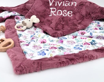 Personalized Baby Blanket with Name Embroidered Comfort Newborn Wrap Floral Design Nursery Decor Infant Room Security Blanket Mink Material