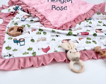 Farm Nursery Blanket for Newborn Girl Gift Idea Set Pink Satin Soft Backing Farmhouse Design Custom Cover Nursery Decor Infant Room Tractor