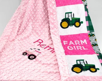 Personalized Pink Tractor Baby Shower Gift Girl Farm Baby Blanket Girl Nursery Bedding Baby Blanket Custom Name Minky Infant Toddler Crib