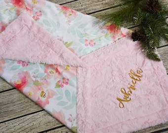 Boho nursery pink and mint baby girl blanket-pink and gold watercolor floral personalized baby girl gift, Personalized baby gift