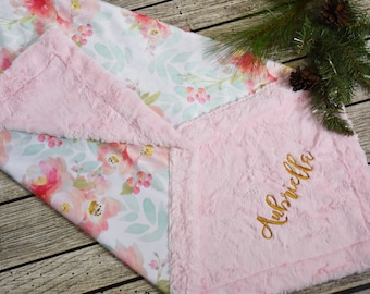Boho nursery pink and mint baby girl blanketpink and gold watercolor floral personalized baby girl gift Personalized baby gift