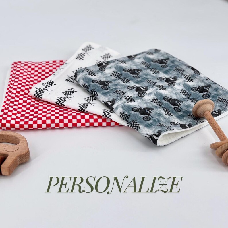 Premium Baby Gift Set Three Pack Burp Cloths Cotton Velour Construction Racing Motorcycle Theme Design Handmade Quality Details Checkered Pattern Collection Essential Nursery Items Perfect Shower Present Practical Daily Use Soft Material