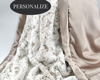 Personalized Baby Blanket Minky Satin Neutral Nursery Newborn Gift Custom Name Embroidered Throw Lightweight Infant Shower Present Soft