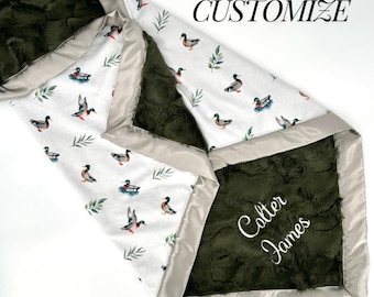 Personalized Duck Baby Blanket Custom Minky Security Blanket Mallard Baby Shower Gift Satin Trim Soft Nursery Blanket Newborn Photo Prop