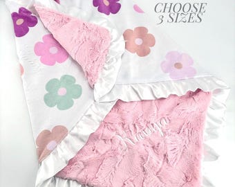 Retro Floral Personalized girl Pink Baby Blanket Toddler Baby Girl Gift Baby Shower Gift Nursery crib Blanket Minky blanket Satin Trim