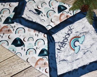 Personalized Rainbow blue baby boy minky blanketBohemian baby nursery Muted Rainbow baby boy shower gift Boho Rainbow baby gift