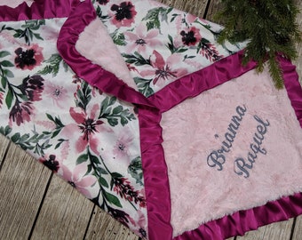 Personalized Baby Gift, Personalized Pink Floral Girl Baby Minky blanket, Boho Magenta and Pink personalized baby shower gift