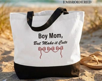 Boy Mom Tote Bag Canvas Embroidered New Mother Gift Baby Shower Keepsake Mama Keychain Set Birthday Present Personalized Parent Carrier