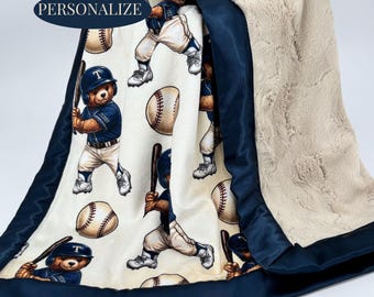 Baseball Baby Blanket Personalized Name Embroidered Infant Boy Gift Newborn Shower Present Keepsake Teddy Bear Nursery Bedding Vintage