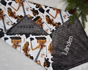 Personalized Baby boy Construction minky blanket Gray and Gold Digger Dump Truck baby shower gift