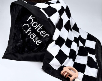 Personalized Baby Blanket Black White Buffalo Check Minky Fabric Gender Neutral Gift Plush Soft Newborn Present Shower Handmade Custom