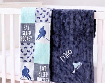 Hockey Baby Blanket Personalized Hockey Nursery Gift Custom Embroidered Name Minky Toddler Throw Little hockey Player Future Star Newborn