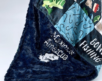 Personalized Fishing Blanket Baby Boy Minky Throw Navy Green Custom Angler Nursery Decor Outdoor Theme Newborn Gift Shower Present Soft