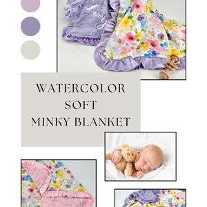 Minky Blanket Baby Gift for Nursery Bedding Set Custom Watercolor Floral Girl Shower Lavender Satin Trim Ruffle Edge Comfort Blankie Infant image 9