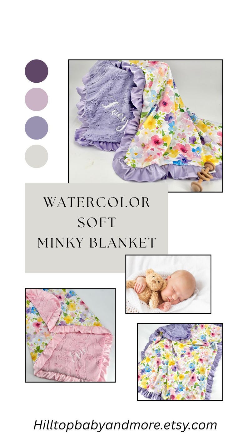 Minky Blanket Baby Gift for Nursery Bedding Set Custom Watercolor Floral Girl Shower Lavender Satin Trim Ruffle Edge Comfort Blankie Infant image 9