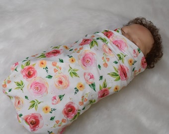 Knit Swaddle Blanket- Pink and Gray Woodland floral swaddle Baby Girl Blanket-Pink boho  Baby Girl Shower Gift