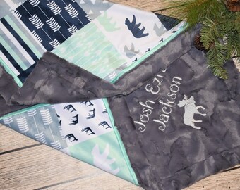 Personalized Minky blanket Woodland Baby Boy blanket Baby Boy Gift Moose baby blanket personalized baby gift woodland animals