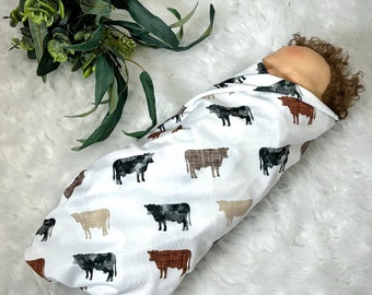 Knit Swaddle Blanket-baby boy Cow swaddle blanket-farmer baby shower gift-farm baby shower-farm animals baby blanket-swaddling blanket