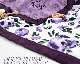 Personalized Minky Blanket with Floral Purple Design for Infant Comfort Cover Satin Binding Custom Name Embroidered Gift for Girl Nursery