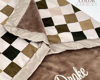 Personalized Taupe checkered baby blanket custom baby gift plush minky name blanket Checker chestnut beige handmade baby shower gift for boy