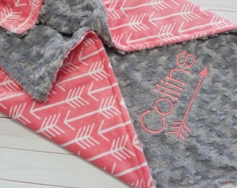 Personalized Coral Girl Baby Minky Blanket- Coral Arrow Baby Girl Shower Gift; Tribal Baby Girl Blanket, Woodland Baby girl Gift