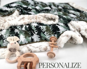 Personalized Woodland Forest blanket baby shower gift minky baby blanket with name newborn woodland deer blanket embroidered monogram gift