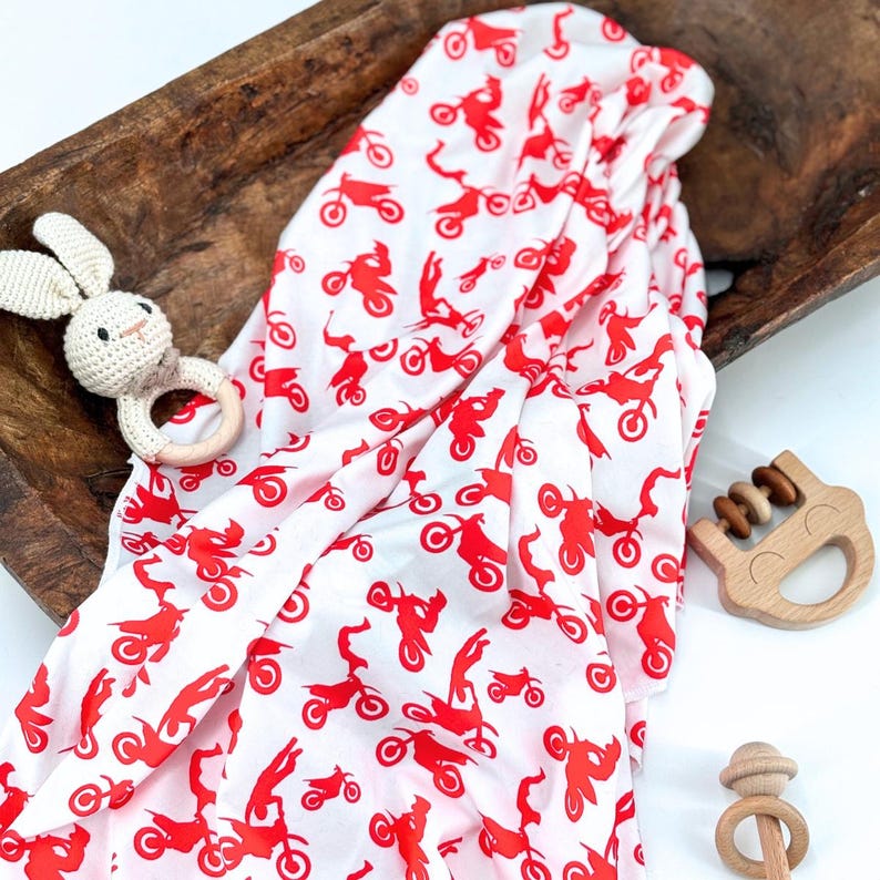 Baby Boy Swaddle Blanket Motocross Design Jersey Knit Wrap Red Dirt Bike Pattern Nursery Room Decor Motorcycle Theme Collection Newborn Essential Large Size Wrap Sports Theme Nursery Art White Background Premium Quality Material Baby Gift