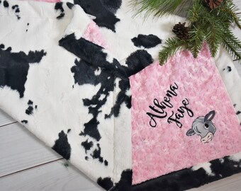 Personalized Baby Gift, Cowhide, Western Cowgirl Baby Girl Blanket-Country Baby Girl Minky Blanket, Farm baby girl gift, newborn baby gift