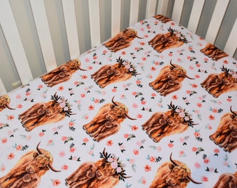 Minky Highland Cow Fitted crib sheets, Changing pad cover, Highland Cow Baby girl, cow nursery, baby sheets for crib highland cow, cows gift