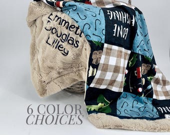 Personalized fishing blanket for boy custom name fish blanket embroidered fishing baby shower gift ocean animals minky blanket for birthday