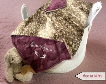 Personalized fawn girl baby blanket with name soft minky baby blanket with custom monogram for newborn woodland nursery for new mom gift