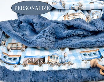 Personalized Vintage Train Baby Blanket Custom Embroidered Minky Blanket Boy Railroad Nursery Baby Gift Heirloom Keepsake Baby Name Blanket