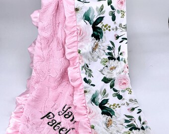 Customizable Baby Blanket Personalized Gift Plush Minky Floral Print Shower Newborn Soft Nursery Decor Satin Trim Ruffled Embroidered