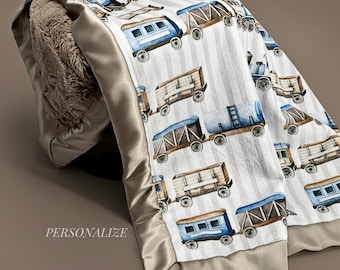 Personalized Baby Blanket Minky Fabric Train Design Vintage Style Nursery Decor Brown Transportation Theme Bedding Soft Plush Crib Accessory