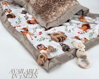 Woodland Baby Blanket Minky Security Blanket Forest Nursery Decor Baby Shower Gift Satin Trim Soft Comfort Newborn Nature Theme Luxury Gift