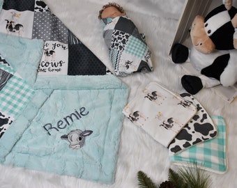 Country personalized farm baby boy minky Blanket gift set- saltwater and gray cow baby gift for gender neutral baby shower gift