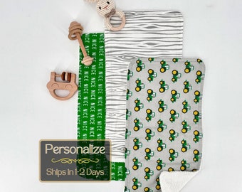 Personalized Green Tractor baby boy burp cloth tractor baby shower gift deere tractor gift for farm boy baby gift embroidered burp cloth set